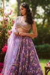 Buy_LASHKARAA_Purple Silk Beads, Sequins V-neck Dusty Floral Lehenga Set _Online_at_Aza_Fashions