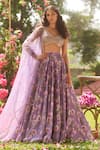 Buy_LASHKARAA_Purple Silk Beads, Sequins V-neck Dusty Floral Lehenga Set _at_Aza_Fashions