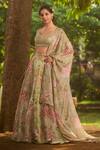 Shop_LASHKARAA_Green Net, Organza Embroidery, Sequins, Beads Dusty Floral Printed Lehenga Set _Online_at_Aza_Fashions