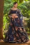 Shop_LASHKARAA_Navy Net, Organza, Satin Sequins, Embroidery Blue Floral Printed Lehenga Set _Online_at_Aza_Fashions
