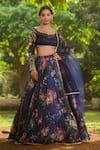 Buy_LASHKARAA_Navy Net, Organza, Satin Sequins, Embroidery Blue Floral Printed Lehenga Set _at_Aza_Fashions
