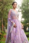 Buy_LASHKARAA_Purple Net, Organza, Satin Sequins, Embroidery V-neck Dusty Floral Lehenga Set _Online_at_Aza_Fashions