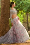LASHKARAA_Gray Net, Organza, Satin Embroidery, Sequins Round Neck Grey Floral Lehenga Set _at_Aza_Fashions