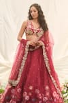 Buy_LASHKARAA_Red Net, Organza Sequins, Embroidery V-neck Floral Lehenga Set _Online_at_Aza_Fashions