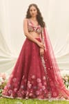 Buy_LASHKARAA_Red Net, Organza Sequins, Embroidery V-neck Floral Lehenga Set _at_Aza_Fashions
