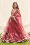 LASHKARAA_Red Net, Organza Sequins, Embroidery V-neck Floral Lehenga Set _at_Aza_Fashions