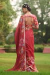 LASHKARAA_Red Silk Embroidery V-neck Floral Saree Set _Online_at_Aza_Fashions
