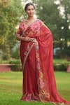Buy_LASHKARAA_Red Silk Embroidery V-neck Floral Saree Set _at_Aza_Fashions