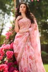 Buy_LASHKARAA_Pink Chiffon Embroidery Round Neck Floral Saree Set _Online_at_Aza_Fashions