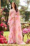 Buy_LASHKARAA_Pink Chiffon Embroidery Round Neck Floral Saree Set _at_Aza_Fashions