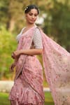 Shop_LASHKARAA_Pink Net, Organza Embroidery, Sequins, Beads V-neck Light Ruffle Saree Set _Online_at_Aza_Fashions