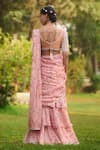 LASHKARAA_Pink Net, Organza Embroidery, Sequins, Beads V-neck Light Ruffle Saree Set _Online_at_Aza_Fashions