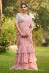 Buy_LASHKARAA_Pink Net, Organza Embroidery, Sequins, Beads V-neck Light Ruffle Saree Set _at_Aza_Fashions