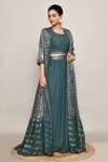 Buy_Abbaran_Teal Georgette Sequins, Embroidery Square Neck Green Lehenga Set _at_Aza_Fashions