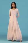 Two Sisters By Gyans_Pink Georgette Beads, Applique Round Neck Embroidered Anarkali Set _Online_at_Aza_Fashions