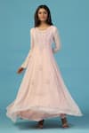 Buy_Two Sisters By Gyans_Pink Georgette Beads, Applique Round Neck Embroidered Anarkali Set _Online_at_Aza_Fashions