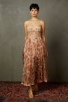 RI.Ritu Kumar_Pink Silk, Viscose Embroidery, Sequins Sweetheart Magnolia Flared Bandeau Dress _at_Aza_Fashions