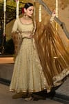 Buy_RI.Ritu Kumar_Beige Cotton, Silk, Viscose Embroidery Round Neck Zardozi Anarkali Set _at_Aza_Fashions