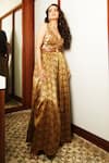 Buy_RI.Ritu Kumar_Brown Silk, Viscose Sequins V-neck Rudraksh Embellished Bodice Jumpsuit _at_Aza_Fashions