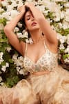 Buy_RI.Ritu Kumar_Beige Silk, Viscose Embroidery V-neck Aria Floral Ruffle Dress _at_Aza_Fashions