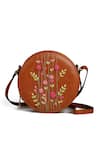 Shop_Miri_Tan Embroidery Hand Round Sling Bag _at_Aza_Fashions