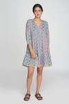 Buy_Sinjhar_Blue Cotton V-neck Checkered Dress _at_Aza_Fashions