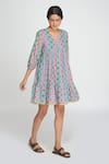 Sinjhar_Blue Cotton V-neck Checkered Dress _Online_at_Aza_Fashions