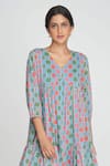 Sinjhar_Blue Cotton V-neck Checkered Dress _at_Aza_Fashions