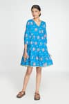 Buy_Sinjhar_Blue Cotton Embroidery V-neck Floral Print Short Dress _at_Aza_Fashions