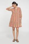 Buy_Sinjhar_Red Cotton V-neck Printed Short Dress _at_Aza_Fashions