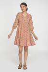 Buy_Sinjhar_Red Cotton V-neck Printed Short Dress _Online_at_Aza_Fashions
