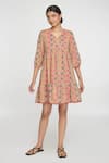 Shop_Sinjhar_Red Cotton V-neck Printed Short Dress _Online_at_Aza_Fashions