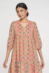 Sinjhar_Red Cotton V-neck Printed Short Dress _at_Aza_Fashions