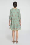 Shop_Sinjhar_Teal Cotton Embroidery V-neck Dull Floral Dress _at_Aza_Fashions