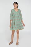 Buy_Sinjhar_Teal Cotton Embroidery V-neck Dull Floral Dress _at_Aza_Fashions
