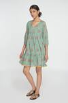 Sinjhar_Teal Cotton Embroidery V-neck Dull Floral Dress _Online_at_Aza_Fashions
