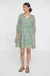 Buy_Sinjhar_Teal Cotton Embroidery V-neck Dull Floral Dress _Online_at_Aza_Fashions