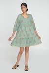 Shop_Sinjhar_Teal Cotton Embroidery V-neck Dull Floral Dress _Online_at_Aza_Fashions