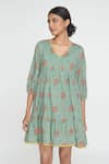 Sinjhar_Teal Cotton Embroidery V-neck Dull Floral Dress _at_Aza_Fashions