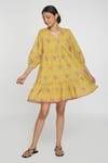 Buy_Sinjhar_Yellow Cotton Embroidery V-neck Floral Dress _at_Aza_Fashions