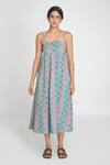 Sinjhar_Blue Cotton Open Neck Midi Dress _Online_at_Aza_Fashions