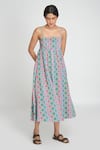 Buy_Sinjhar_Blue Cotton Open Neck Midi Dress _Online_at_Aza_Fashions