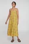 Buy_Sinjhar_Yellow Cotton Round Neck Floral Midi Dress _Online_at_Aza_Fashions