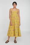 Buy_Sinjhar_Yellow Cotton Round Neck Floral Midi Dress _at_Aza_Fashions