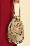 Tasna_Multi Color Embroidery, Tassels Embellished Potli Handbag _at_Aza_Fashions