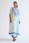 Buy_Devnaagri_Blue Tussar Piping V-neck Light Embroidered Kaftan Set _at_Aza_Fashions
