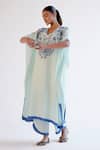 Devnaagri_Blue Tussar Piping V-neck Light Embroidered Kaftan Set _Online_at_Aza_Fashions