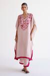 Buy_Devnaagri_Blush Tussar Pom-poms V-neck Pink Embroidered Kaftan Set _at_Aza_Fashions