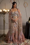 Moledro_Taupe Organza, Net Sequins, Embroidery Sweetheart Neck And Pink Nova Lehenga Set _at_Aza_Fashions