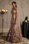 Buy_Moledro_Taupe Net Sequins, Beads, Embroidery Asymmetric Aurora Fusion Lehenga Set _Online_at_Aza_Fashions